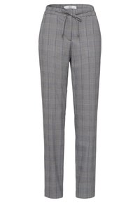 Pantalons à carreaux gris avec taille à cordon, présentant une texture lisse et une coupe ajustée. Le motif inclut des accents bleus subtils.