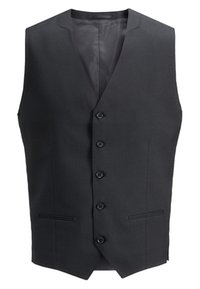 Musta virallinen liivi, jossa on nappikaulus, kuusi nappia, kaksi etutaskua ja sileä sisävuori. Sovitettu malli.