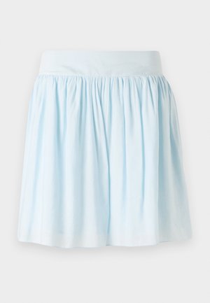 Light blue skirt with a gathered design, featuring a wide waistband and soft texture; suitable for casual wear. No visible patterns or hardware.