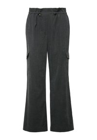 Laadukkaat leveälahkeiset cargo-housut tummanharmaasta kankaasta, joissa on sivutaskut ja nyöri vyötäröllä, jossa on kaksi nappia. Sujuva tekstuuri ja rento istuvuus.