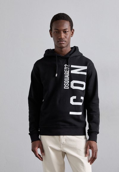 Sweat-shirt à capuche noir en coton, avec du texte blanc en gras « DSQUARED ? » et « ICON » imprimé verticalement. Comprend une capuche avec cordon.