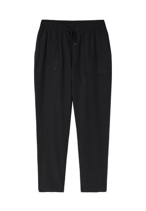 Pantalons noirs amples avec une taille élastique et un cordon de serrage. Caractéristiques de deux poches avant et un design de jambe fuselée. Texture douce.