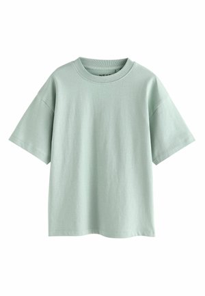 Hellmintgrünes Baumwoll-T-Shirt mit rundem Ausschnitt, kurzen Ärmeln und lockerer Passform. Verfügt über einen nahtlosen Kragen und einen geraden Saum.