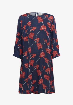 Rožnata obleka iz mornarsko modrega blaga s rdečimi cvetovi in zelenimi stebli. Oblikovanje vključuje 3/4 rokave in okroglo izrezano ovratnik s majhnim odprtjem na hrbtni strani.