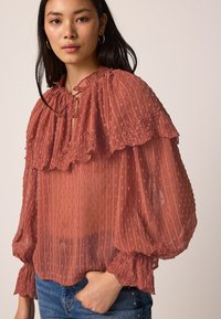 Blouse en rust transparent avec un col brodé à volants ; points texturés sur toute la surface ; manches bouffantes avec bordure en dentelle ; coupe décontractée.