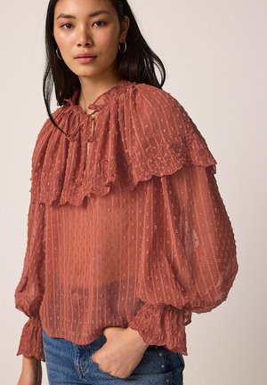 Blouse en rust transparent avec un col brodé à volants ; points texturés sur toute la surface ; manches bouffantes avec bordure en dentelle ; coupe décontractée.