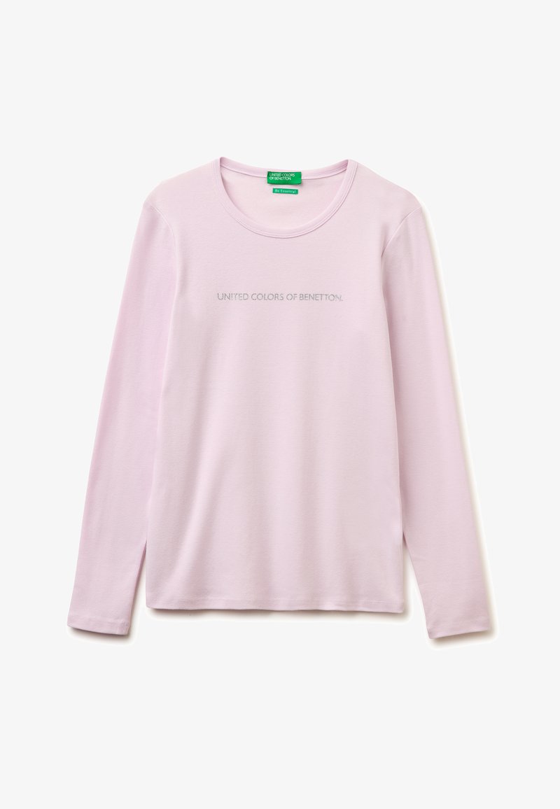 Light pink long-sleeve T-shirt with "United Colors of Benetton" text embroidered on front and green brand label inside collar.