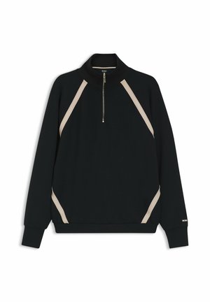 Black pullover sweatshirt with a high collar, featuring cream diagonal stripes along the shoulders and a front zip. Soft, textured fabric.