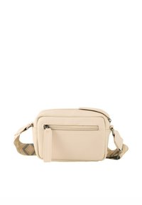 Borsa a tracolla color crema realizzata in materiale testurizzato, con tasca frontale con zip e tracolla regolabile a motivo. Forma rettangolare compatta.