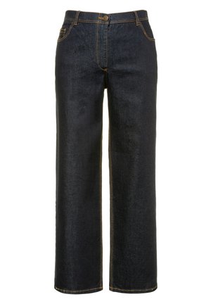 Dark blue denim trousers with a loose fit, featuring yellow stitching, a front button closure, and classic five-pocket design.