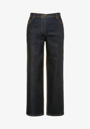 Dark blue denim trousers with a loose fit, featuring yellow stitching, a front button closure, and classic five-pocket design.