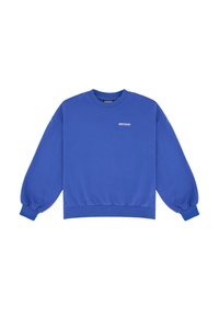 Niebieska bluza z długimi, bufiastymi rękawami, ściągaczami przy mankietach i u dołu. Z przodu znajduje się małe białe logo. Wykonana z miękkiego, gładkiego materiału.