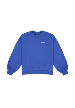 Modrá mikina s dlouhými, naškrobenými rukávy, se žebrovanými manžetami a lemem. Na přední straně se nachází malé bílé logo. Vyrobena z měkké, hladké tkaniny.