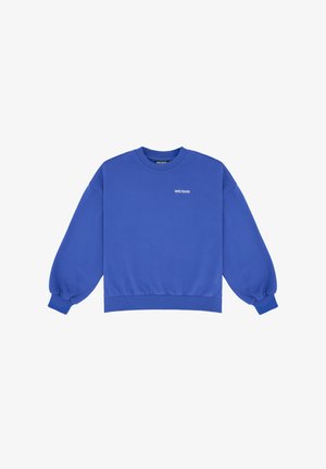 Blauwe sweatshirt met lange, opgeblazen mouwen, geribbelde manchetten en zoom. Heeft een klein wit logo aan de voorkant. Gemaakt van zachte, gladde stof.