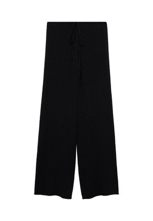 Zwarte brede gebreide broek met een trekkoord in de taille. Heeft een gestructureerde stof en een relaxed fit, die net boven de enkel eindigt.