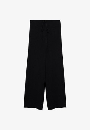 Black wide-leg knit pants with a drawstring waist. Features a textured fabric and a relaxed fit, finishing just above the ankle.