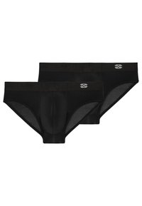 Schwarze Slips aus einem weichen, dehnbaren Material mit enger Passform. Mit einem dünnen Bund und einem Logo-Akzent auf der Vorderseite. Zweiteiliges Set.