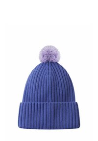 Berretto lavorato a maglia di colore blu brillante con un pom-pom viola chiaro in cima. Presenta una texture a coste e un design con risvolto.