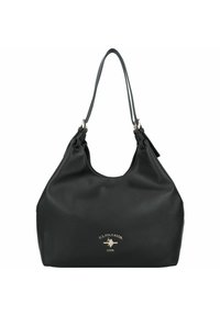 Borsa hobo nera in pelle con finitura testurizzata, ampia apertura e doppi manici. Caratterizzata da un logo dorato in rilievo sulla parte anteriore.