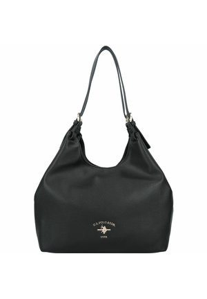Bolso hobo de cuero negro con un acabado texturizado, gran abertura y asas dobles. Presenta un logotipo en relieve dorado en la parte frontal.
