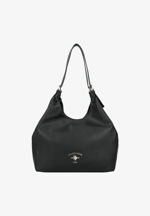 Schwarze Leder-Hobo-Tasche mit strukturierter Oberfläche, großem Öffnungsbereich und doppelten Griffen. Besitzt ein goldgeprägtes Logo an der Vorderseite.