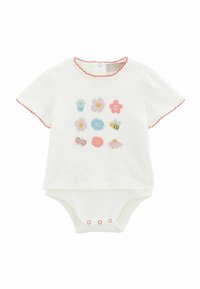 Body blanc à manches courtes avec col rouge festonné et neuf motifs floraux et d'insectes colorés sur le devant ; fermeture par boutons-pression en bas.