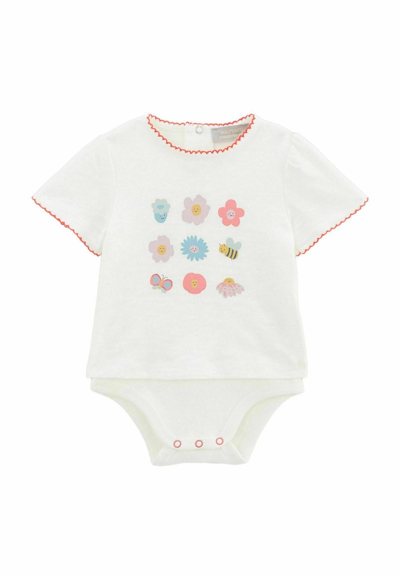 Body blanc à manches courtes avec col rouge festonné et neuf motifs floraux et d'insectes colorés sur le devant ; fermeture par boutons-pression en bas.