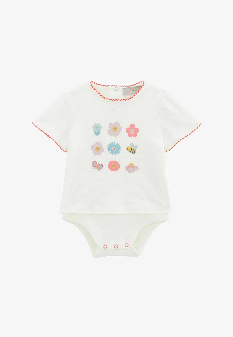 Body blanc à manches courtes avec col rouge festonné et neuf motifs floraux et d'insectes colorés sur le devant ; fermeture par boutons-pression en bas.