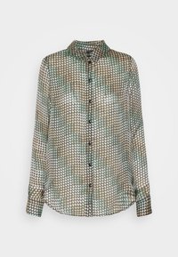 Long-sleeve button-up shirt with pointed collar, featuring a multi-color houndstooth pattern in shades of green, beige, black, and white.