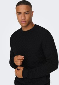 Schwarzer strukturierten Pullover mit geometrischem Muster, Rundhalsausschnitt und gerippten Bündchen. Leichtes Material, figurbetonte Silhouette.