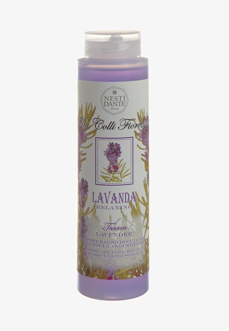 Transparent bottle with a purple cap. Features lavender illustrations and a label with "Lavanda Relaxing" and "Tuscan Lavender" text.