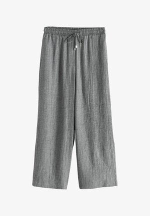Graue weite Hosen aus gekräuseltem Stoff. Mit einem elastischen Bund und einem Kordelzug ausgestattet, bieten sie eine lockere Passform. Strukturiertes Oberflächendesign.