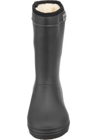 Botte noire en caoutchouc imperméable avec une surface texturée, doublure en fausse fourrure sur le dessus et semelle robuste pour une adhérence optimale.