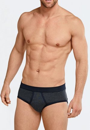 Men's briefs in dark navy with horizontal stripes in lighter tones. Soft fabric, elastic waistband, snug fit, and minimalistic design.