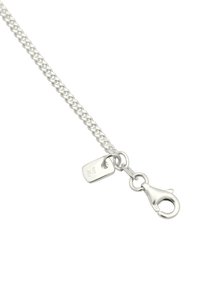Silver chain necklace with a smooth, flat design, featuring a lobster clasp and a tag inscribed with "925" for sterling silver authenticity.