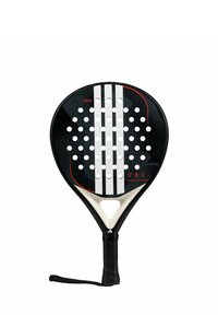 Paddle nera con forma rotonda, caratterizzata da strisce bianche, fori circolari e impugnatura testurizzata. Accenti neri e rossi. Design leggero.