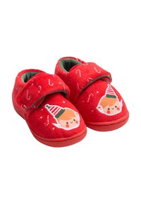 Zapatillas rojas de forro polar con cierre de velcro, con patrones de bastones de caramelo y caras de elfos bordadas con sombreros festivos. Interior suave.