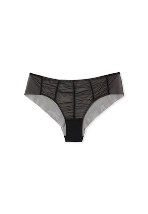 Culotte en tulle noir et dentelle fabriquée avec des panneaux semi-transparents, une taille élastique et des détails froncés à l'avant. Design moderne et texturé.