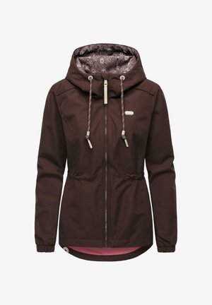 Brązowa kurtka damska z kapturem, z przednim zamkiem błyskawicznym, regulowanym sznurkiem w kapturze, elastycznymi mankietami i podszewką w kwiatowy wzór.