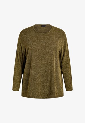 Oversize sweter z długimi rękawami w teksturowanej oliwkowej dzianinie. Okrągły dekolt i luźny krój bez dodatkowych ozdób.