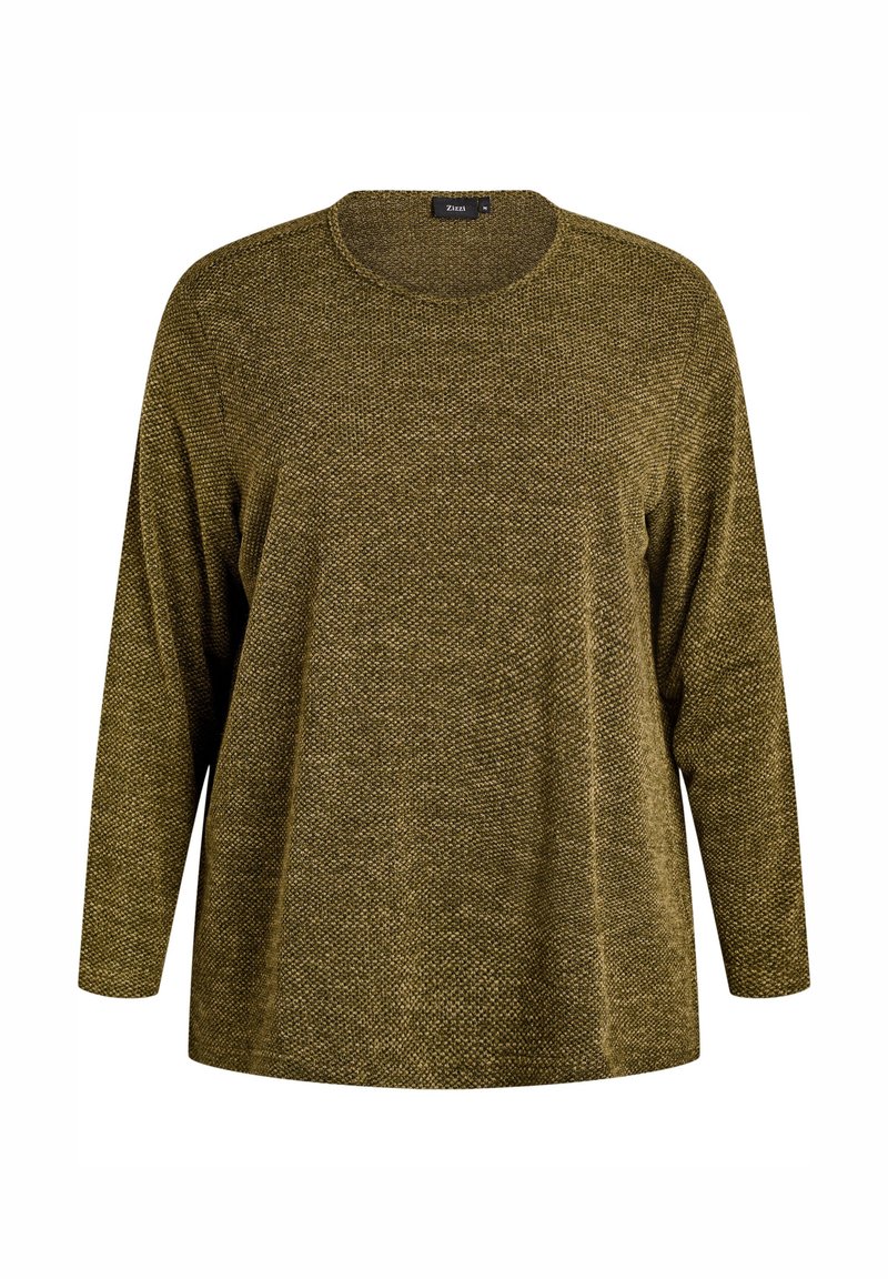 Prevelik dugi rukav pulover od teksturirane maslinasto zelene pletene tkanine. Okrugli izrez i opušteni kroj bez dodatnih detalja.