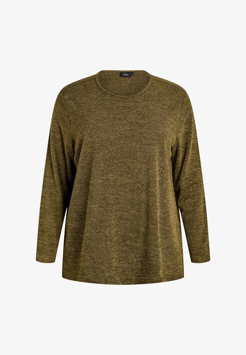 Prevelik dugi rukav pulover od teksturirane maslinasto zelene pletene tkanine. Okrugli izrez i opušteni kroj bez dodatnih detalja.