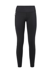 Leggings da allenamento neri, elasticizzati. Vita alta, vestibilità slim e tasca laterale. Texture liscia con minimo branding e senza pattern visibili.