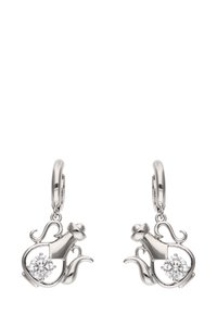 Pendientes colgantes en tono plateado que presentan un diseño estilizado con una piedra preciosa clara y redonda, dispuesta en una elegante forma retorcida.