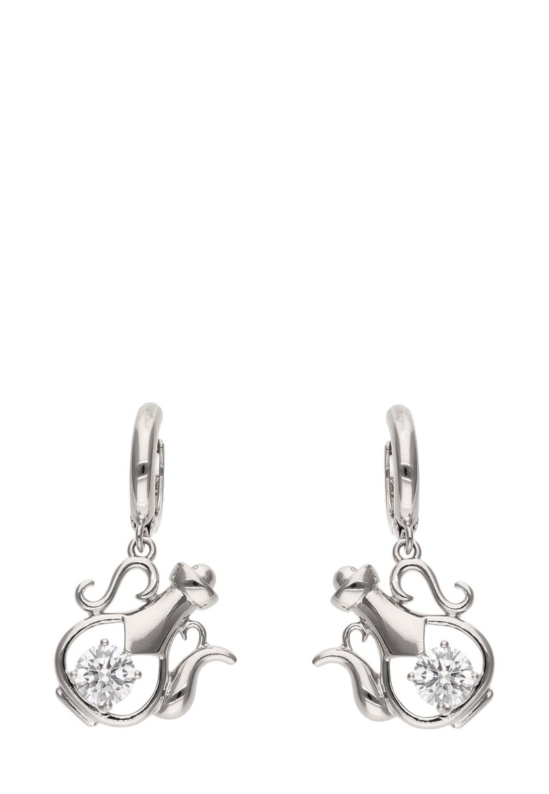 Pendientes colgantes en tono plateado que presentan un diseño estilizado con una piedra preciosa clara y redonda, dispuesta en una elegante forma retorcida.