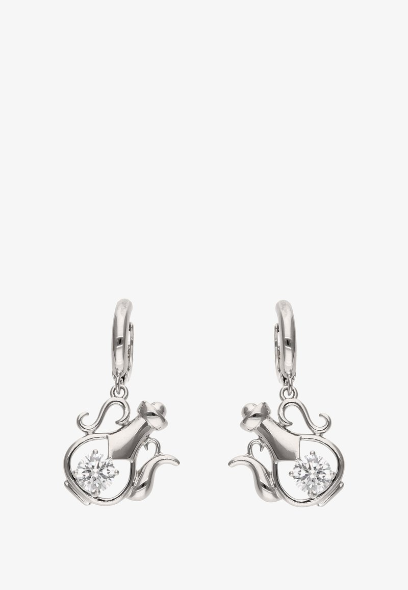 Pendientes colgantes en tono plateado que presentan un diseño estilizado con una piedra preciosa clara y redonda, dispuesta en una elegante forma retorcida.