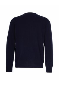 Maglione a maniche lunghe blu navy con scollatura a girocollo, visto da dietro su sfondo bianco semplice.