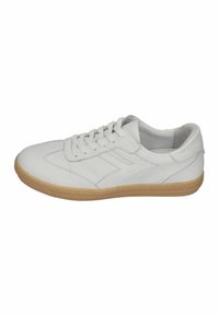 White leather sneaker with a low-top design, featuring a rubber gum sole, laces, and subtle stitching details on the sides.