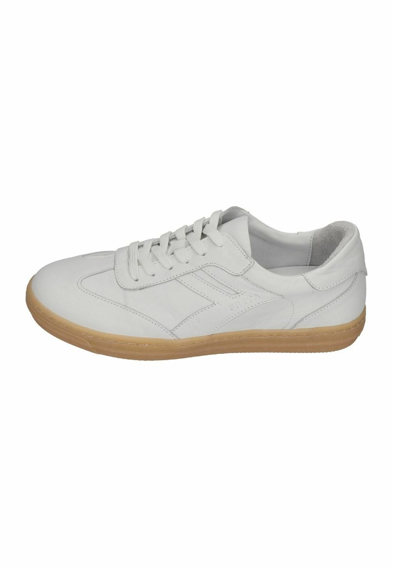 White leather sneaker with a low-top design, featuring a rubber gum sole, laces, and subtle stitching details on the sides.
