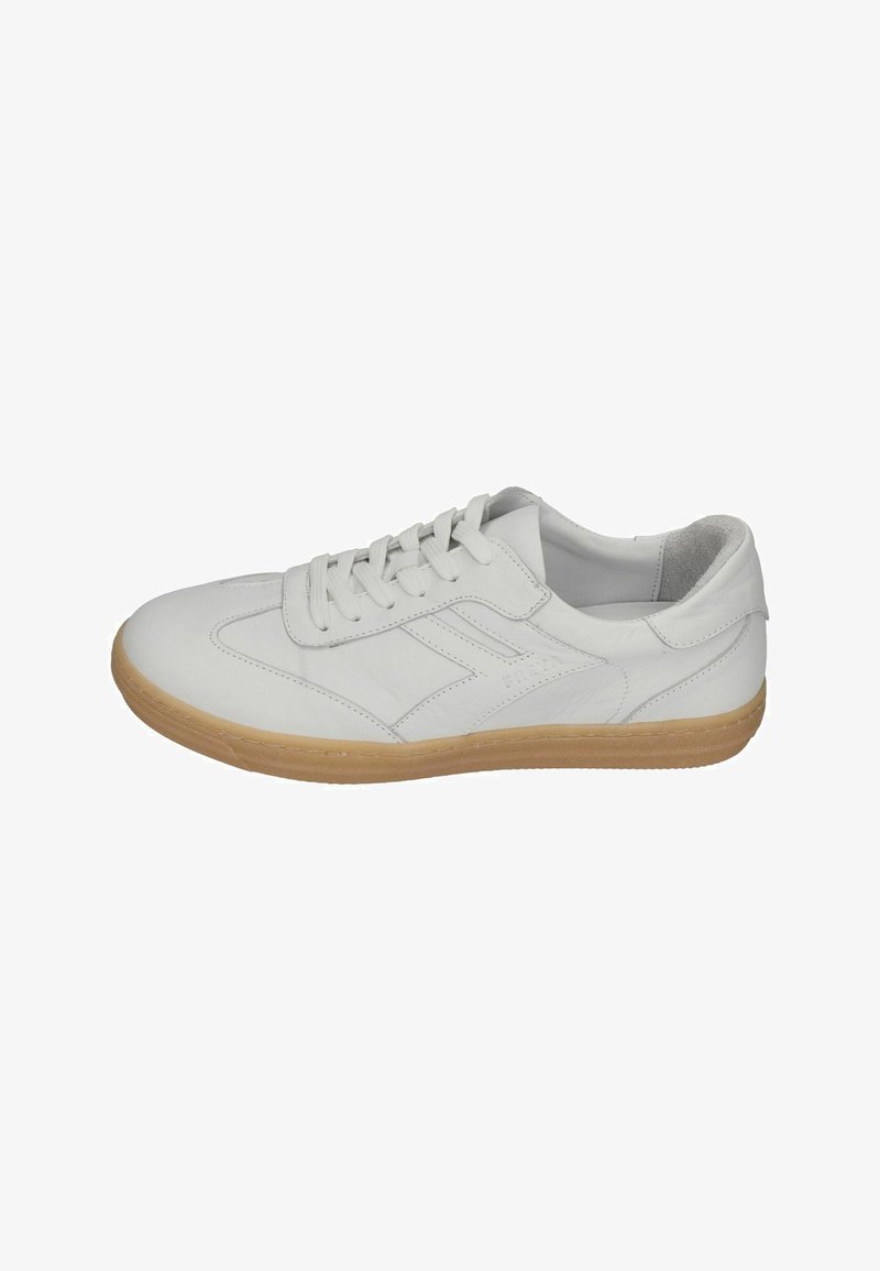 White leather sneaker with a low-top design, featuring a rubber gum sole, laces, and subtle stitching details on the sides.